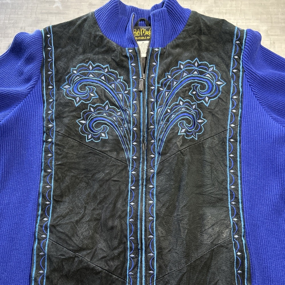 Bob Mackie Wearable Art Leather Embroidered Zip Jacket Blue Black Women's  1X - Picture 2 of 9
